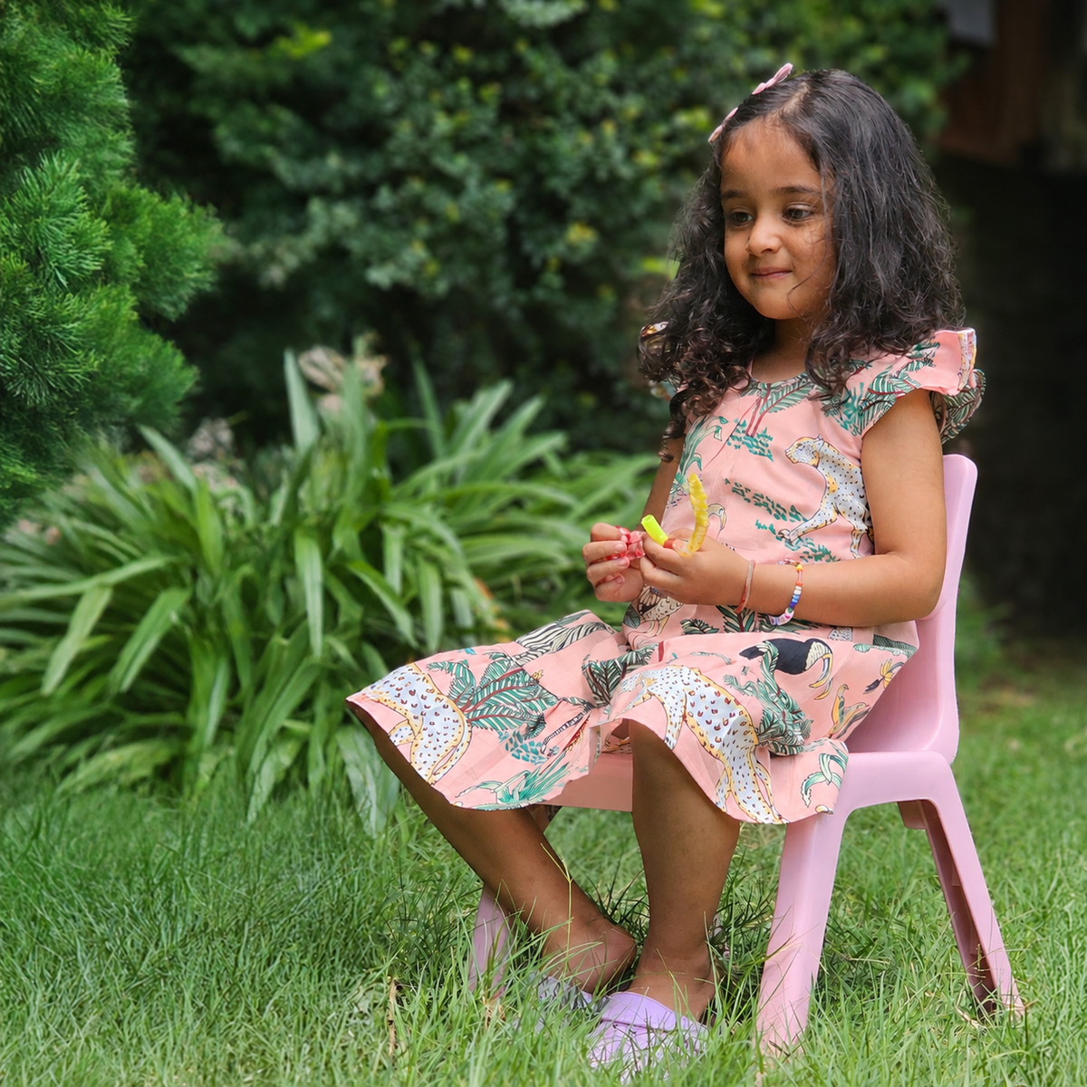 Peach jungle frill kids dress