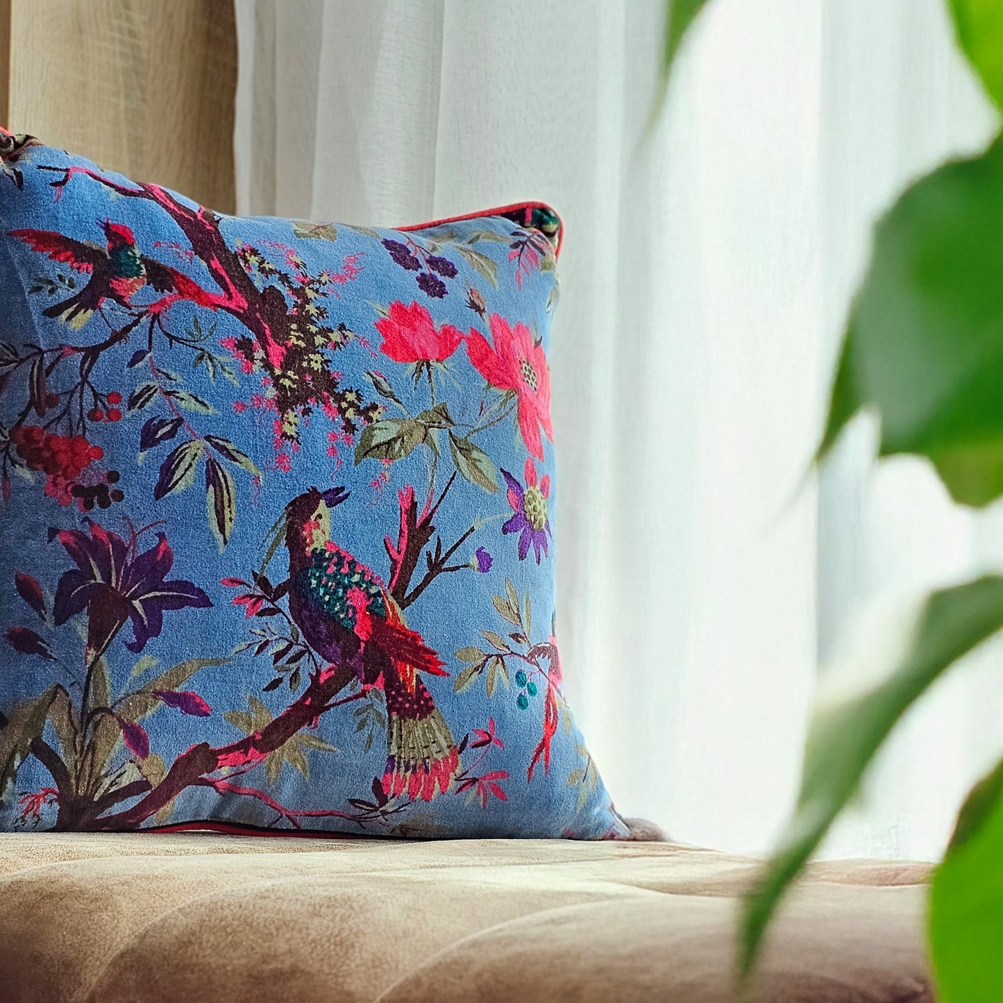 Blue Velvet Bird Cushion Cover