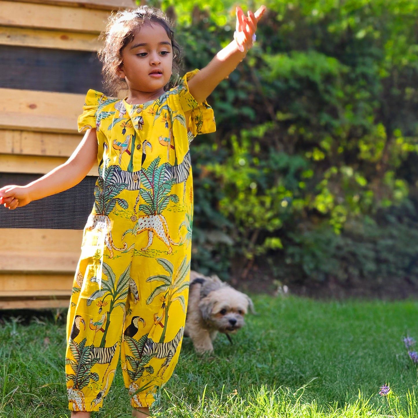 Yellow jungle girls jumpsuit