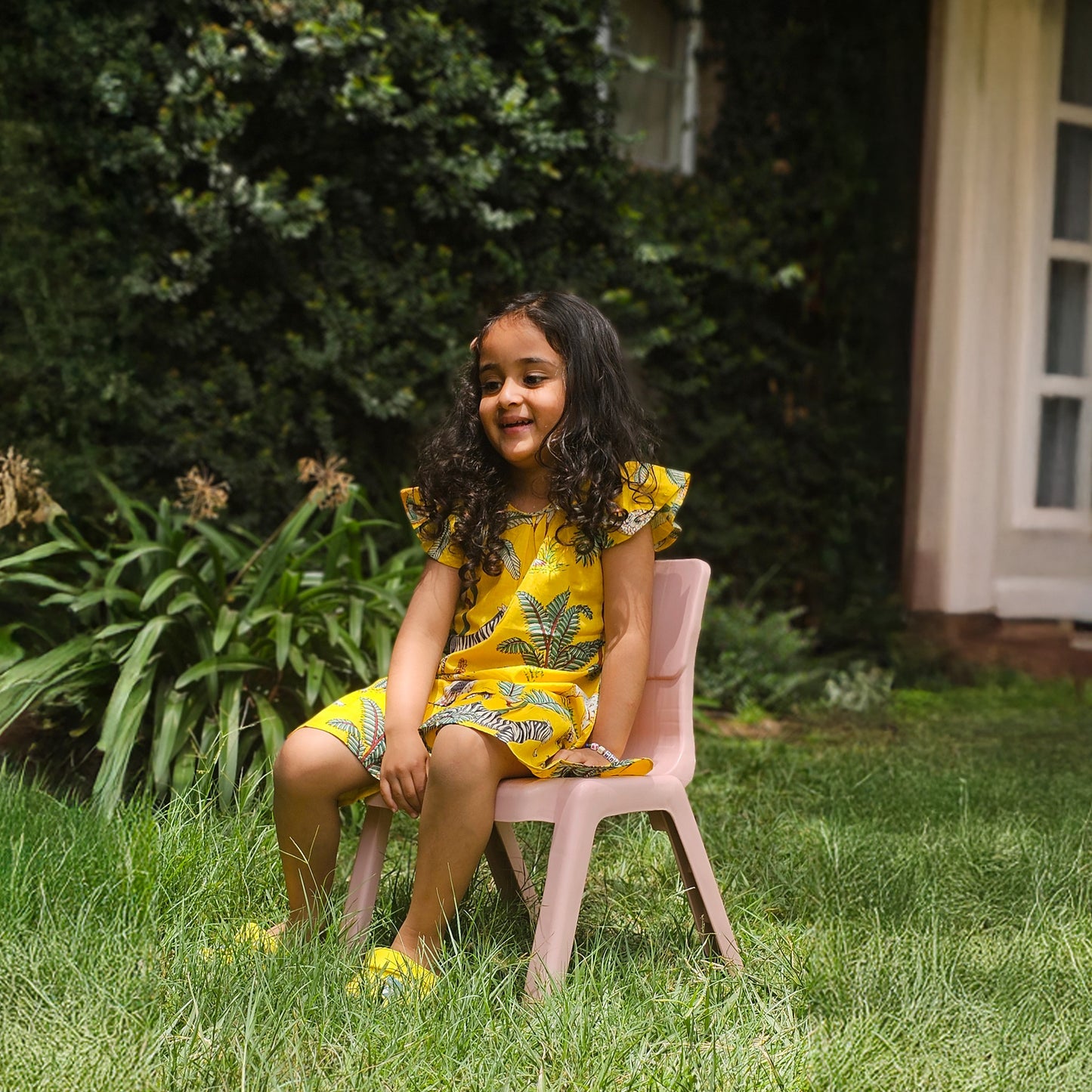 Yellow jungle frill kids dress