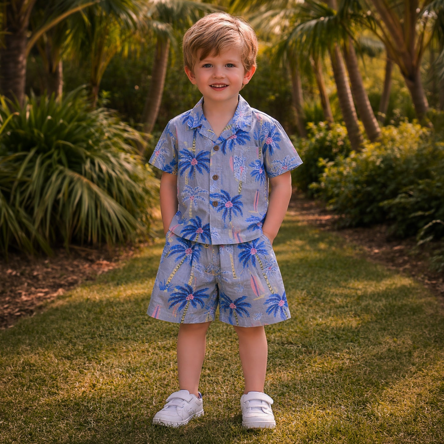 Grey palm shirt & shorts set