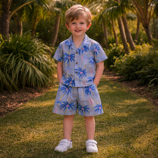 Grey palm shirt & shorts set