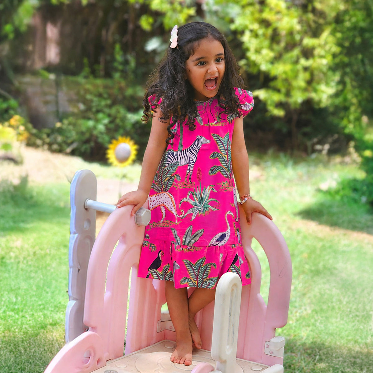 Hot pink jungle frill kids dress