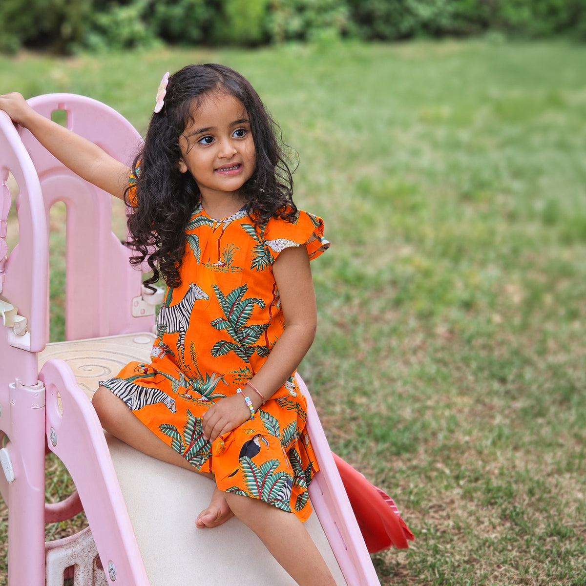 Orange jungle frill kids dress