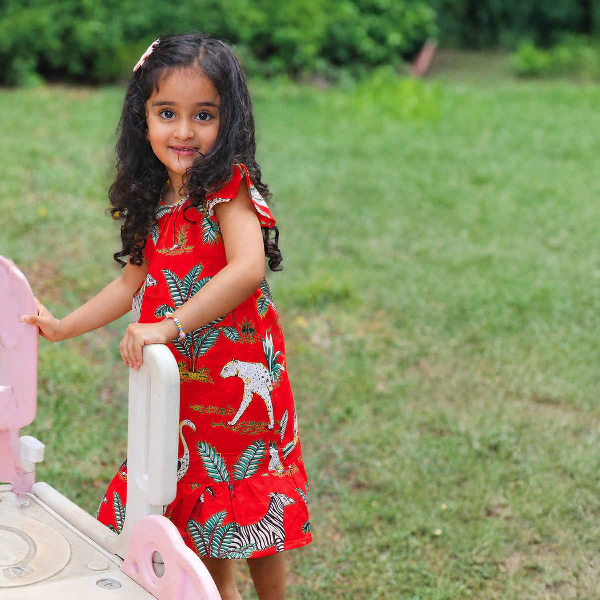 Red jungle frill kids dress