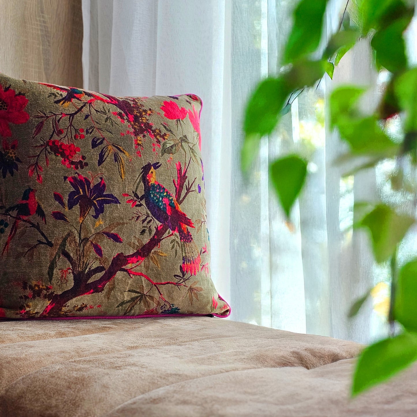 Green Velvet Bird Cushion Cover