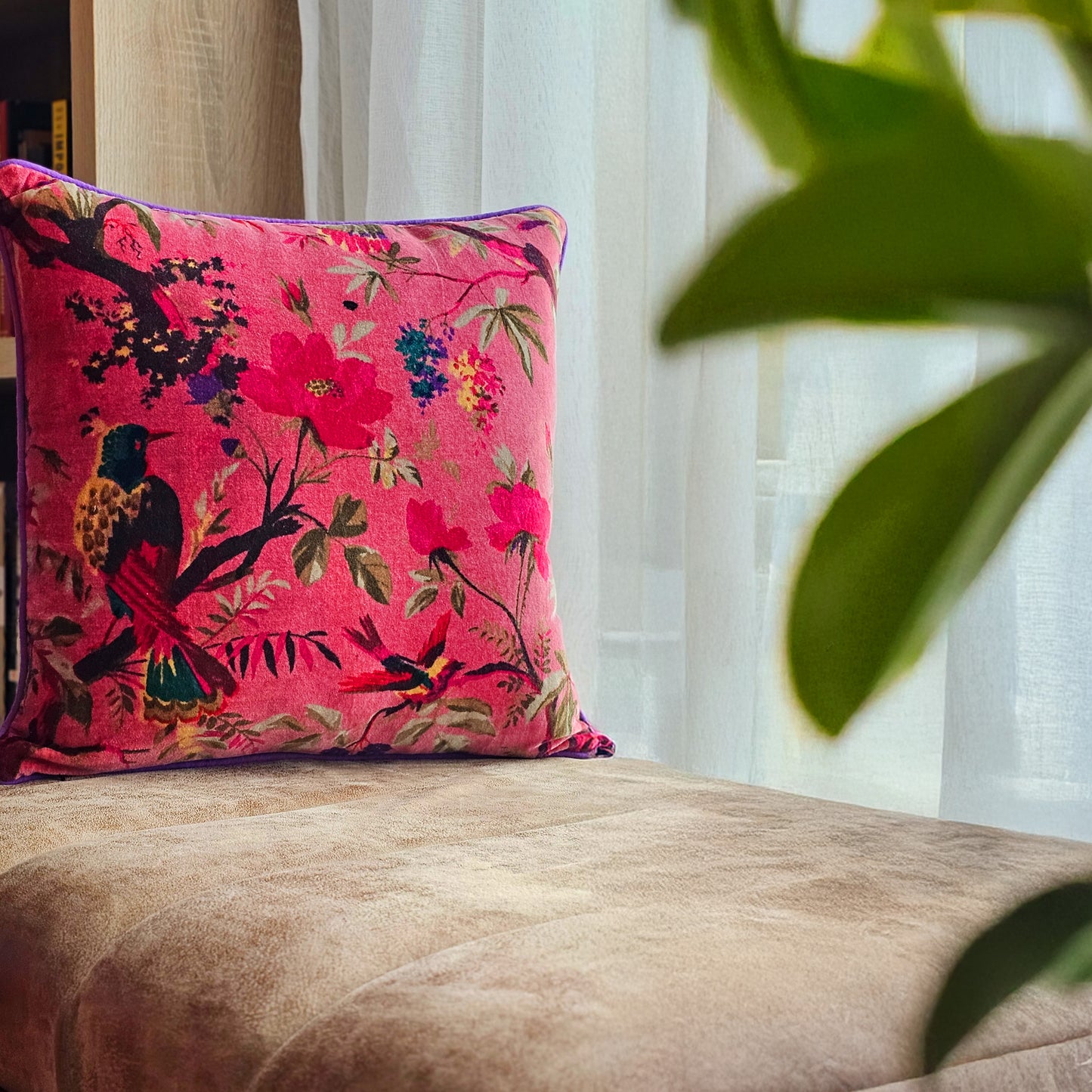 Pink Velvet Bird Cushion Cover