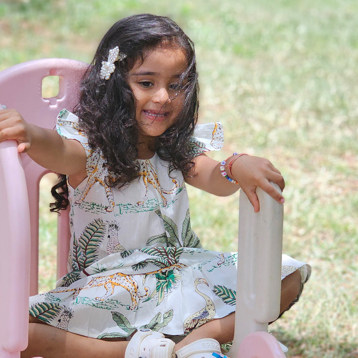White jungle frill kids dress
