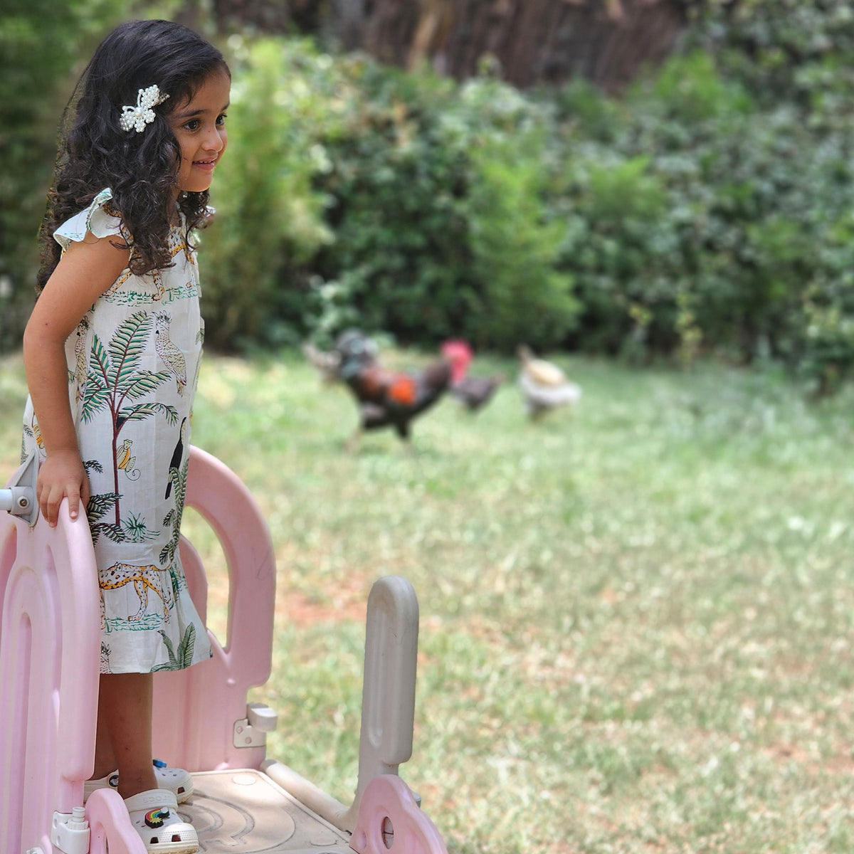 White jungle frill kids dress