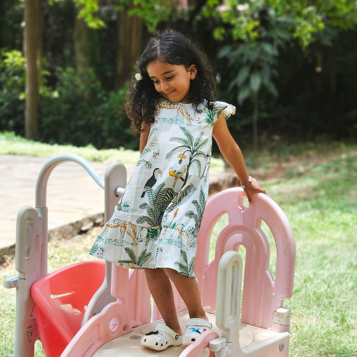 White jungle frill kids dress