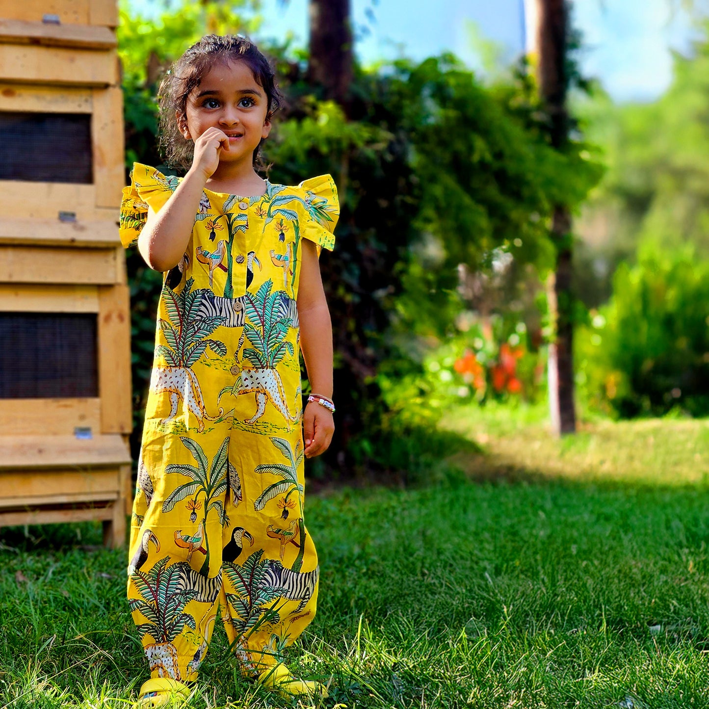 Yellow jungle girls jumpsuit