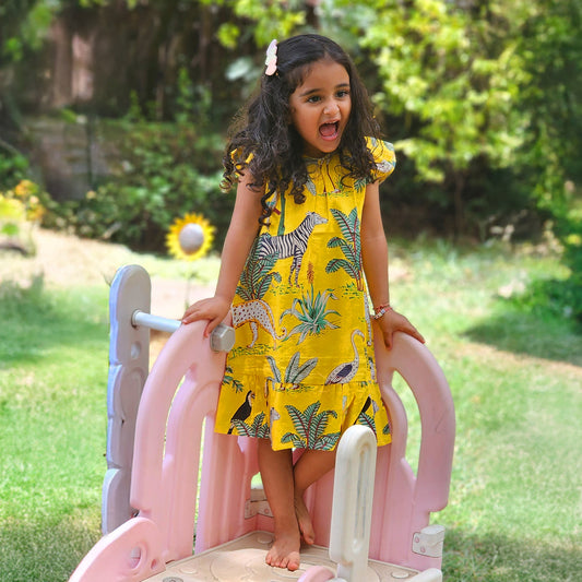 Yellow jungle frill kids dress