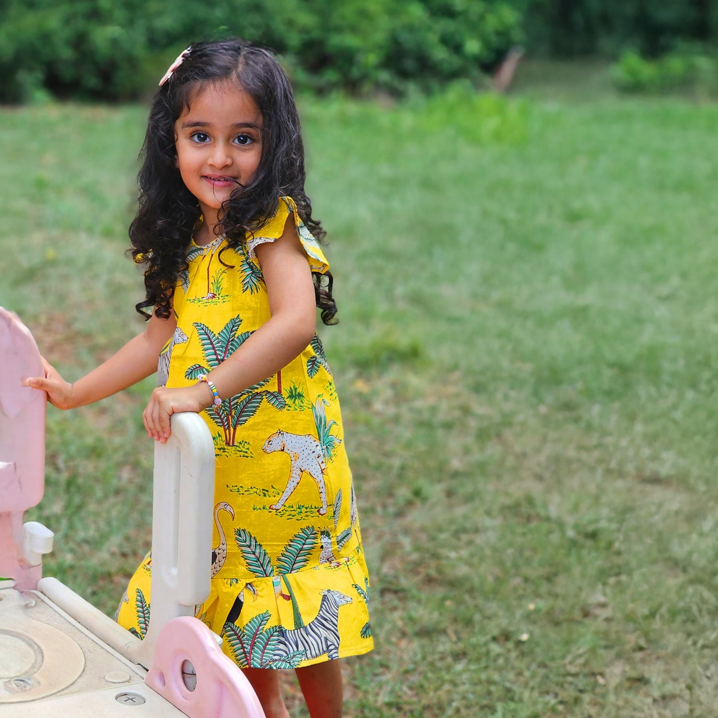 Yellow jungle frill kids dress